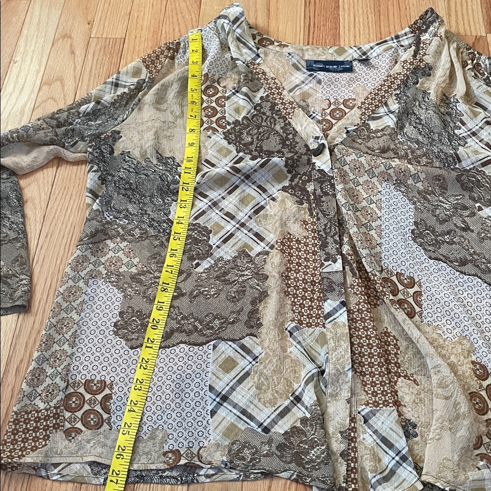 Susan Graver Top Womens 2x Brown Patchwork Print Button Up Boho Coastal Casual - Picture 6 of 10
